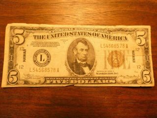 $5 1934 A Five Dollar Hawaii Stamped Brown Seal Federal Reserve Note L54568578a