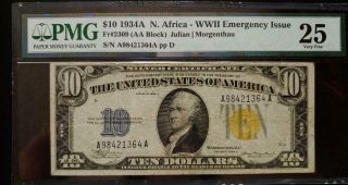 $10 1934a N.  Africa Wwii Emergency Issue - Pmg Very Fine 25 - S/n A98421364a - Ppd