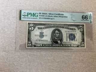 Scarce Fr,  1651 $5 1934 - A Silver Certificate Ja Block Gem Pmg 66 Epq