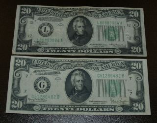 Two 1934 Federal Reserve Notes - $20 1934 Sf,  $20 1934d Chicago