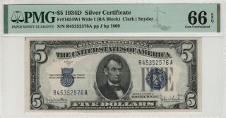 1934 D $5 Silver Certificate Fr.  1654 Ra Block Pmg Gem Uncirculated 66 Epq (576a)