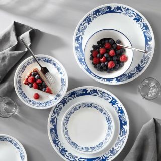 Corelle True Blue & White Floral Motif 16 Piece Dinnerware Set Service For 4