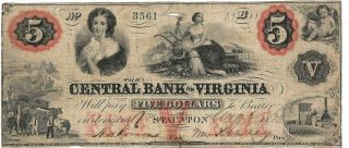 Pricing 1860 $5 Obsolete Note Central Bank Of Virginia Staunton Va
