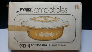 16/9 Vtg Nos Gold Butterfly Pyrex 1 1/2 Quart Casserole Dish Matching Glass Lid