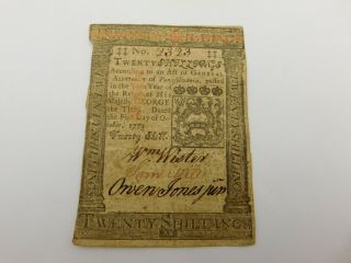 Pennsylvania Colonial Currency October 1,  1773 20s Twenty Shillings