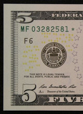 Low 320k Print $5 2013 Gem Cu Star Federal Reserve Note Mf03282581 Five Dollar