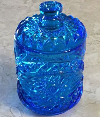 Imperial Glass Hobstar Star & Fan Pattern Blue Glass Jar W/lid 6 " Tall