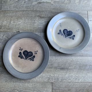 11” Rowe Pottery Set Of 2 Salt Glazed Glass Heart Dinner Plates