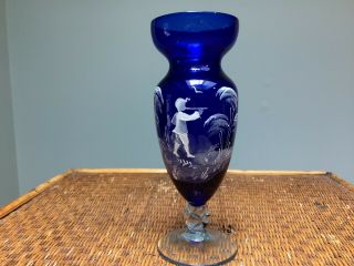 6 " Tall Mary Gregory Glass Vase Cobalt Blue Clear Foot