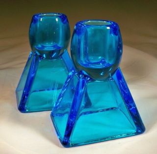 Fostoria Glass Co.  Deep Blue Art Deco 2298 Pair 3 - 1/4 " Tall Candle Holders