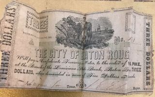 The City Of Baton Rouge,  3 Dollar Note No.  1321 Louisiana Civil War