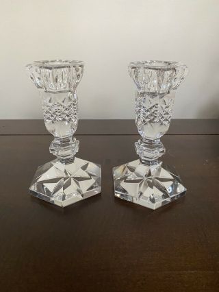 Rare Set Of 2 Waterford 5” Candlesticks With Diamond Cut And Hexagon Bottom