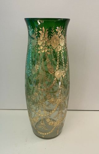 Intaglio Glass Emerald Green To Clear Vase With Floral Design 10 1/2 " Tall