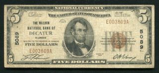 1929 $5 The Millikin National Bank Of Decatur,  Il National Currency Ch.  5089