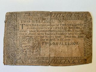 Pa - 215a April 10,  1777 2s Two Shillings Pennsylvania Colonial Currency Note
