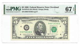 1988 $5 Cleveland Frn,  Pmg Gem Uncirculated 67 Epq Banknote