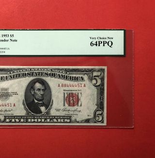 1953 - $5 Legal Tender Red Seal Note,  Graded By Pcgs,  Very Choice 64 Ppq.