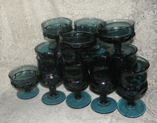 8 Indiana Glass Smoke Blue Kings Crown Thumbprint Goblet And Matching 4 Dessert