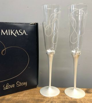 Nib Pair Mikasa Love Story 11 " Silver Plated Glass Champagne Toasting Flutes