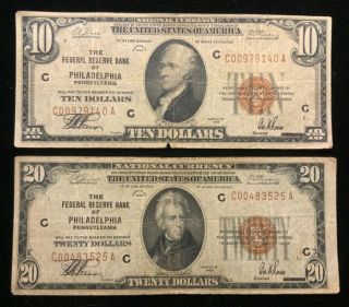 1929 $10 And $20 National Currency Notes From The Philadelphia Fed Reserve Bank