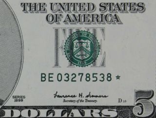 $5 1999 Gem Cu Star Federal Reserve Note Be03278538 Five Dollar 128k Run 2