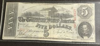 1863 T - 60 $5 Confederate States Of America Note