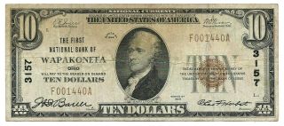 1929 The First National Bank Of Wapakoneta $10 Note Ch 3157