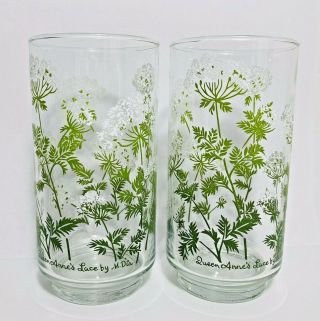 X2 Libbey 5 5/8 " Tall Glasses Queen Anne’s Lace Flower M.  Dia 12 Oz White Green