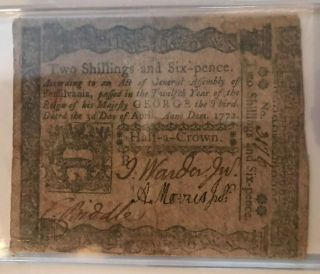 Colonial Currency,  2 Shillings 6 Pence Pennsylvania Pa 3 April 1772 Vg