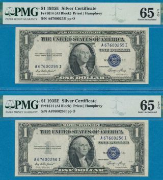 2 - $1.  00 1935 - E Consecutive Silver Certificates Both Pmg Gem 65epq