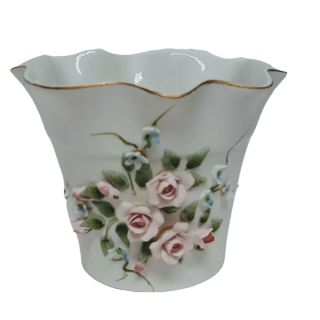 Lefton China White Vase With Applied Pink Roses Gold Trim Hand Painted 827