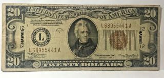 1934 A $20 Twenty Dollar Federal Reserve Note Wwii Hawaii Overprint 5441a