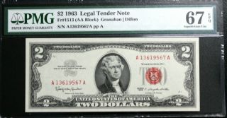$2 1963 (aa Block) Legal Tender Red Seal Pmg 67epq Gem Uncirculated Fr 1513