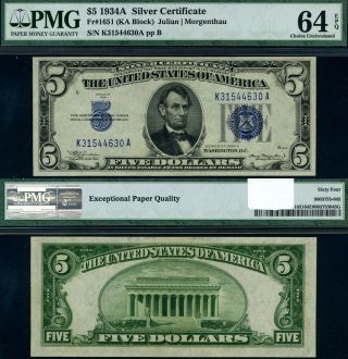Fr.  1651 $5 1934 - A Silver Certificate K - A Block Choice Pmg Cu64 Epq