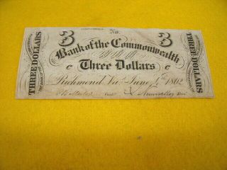 N - Csa 1862 - The Bank Of The Commonwealth - $3.  00 Obsolete Note - Nr