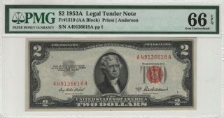 1953 A $2 Legal Tender Red Seal Aa Block Fr.  1510 Pmg Gem Unc 66 Epq (618a)