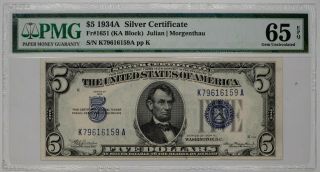 1934 A $5 Silver Certificate Fr.  1651 Ka Block Pmg Gem Uncirculated 65 Epq (159a)