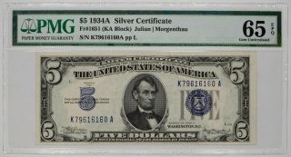 1934 A $5 Silver Certificate Fr.  1651 Ka Block Pmg Gem Uncirculated 65 Epq (160a)
