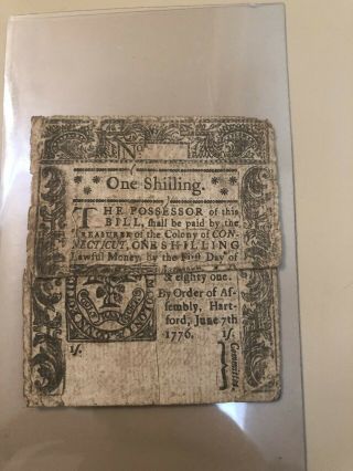 June 7,  1776 Connecticut One Shilling Note - Torn & Sewn