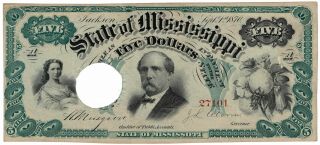 1870 State Of Mississippi $5 Five Dollars Obsolete Note Post - Civil War Jackson