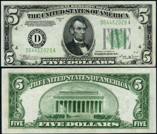 Fr.  1958 D $5 1934 - B Federal Reserve Note Non - Mule Cleveland D - A Block Cu