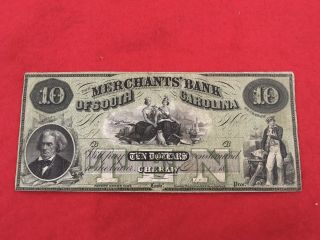 $10 Merchants Bank South Carolina Currency Cheraw 1847