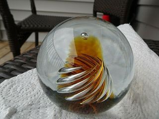 Vintage Blenko Art Glass Air Trap Controlled Bubble Amber Swirl Paperweight