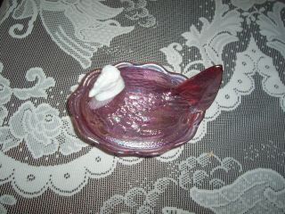 Fenton Hen On Nest Amethyst Purple & White Glass Slag Head Covered Dish