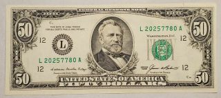 1985 $50 Fifty Dollar Bill Federal Reserve Note San Francisco L20257780a Crisp