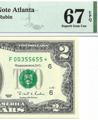 1995 $2 Atlanta Star ⭐️ Frn,  Pmg Gem Uncirculated 67 Epq Banknote.