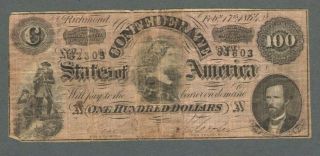 1864 Us $100 One Hundred Dollar Confederate States Of America " Lucy " Note - S354