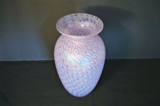 The Glass Eye Studio Mt St Helens Iridescent Pink 6 " Vase Pulled Feather Pattern