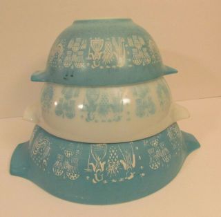 Pyrex Amish Butterprint Cinderella Mixing Nesting Bowl Set Of 3 White & Blue