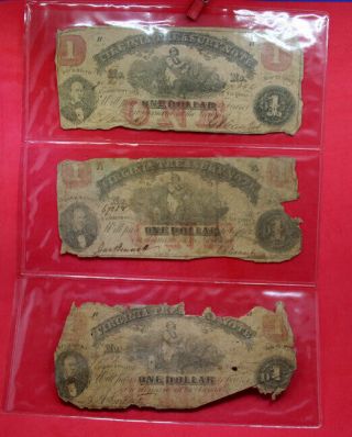 (6) 1862 $1 Dollar Richmond Virginia Treasury Note Large Currency Old Paper Money